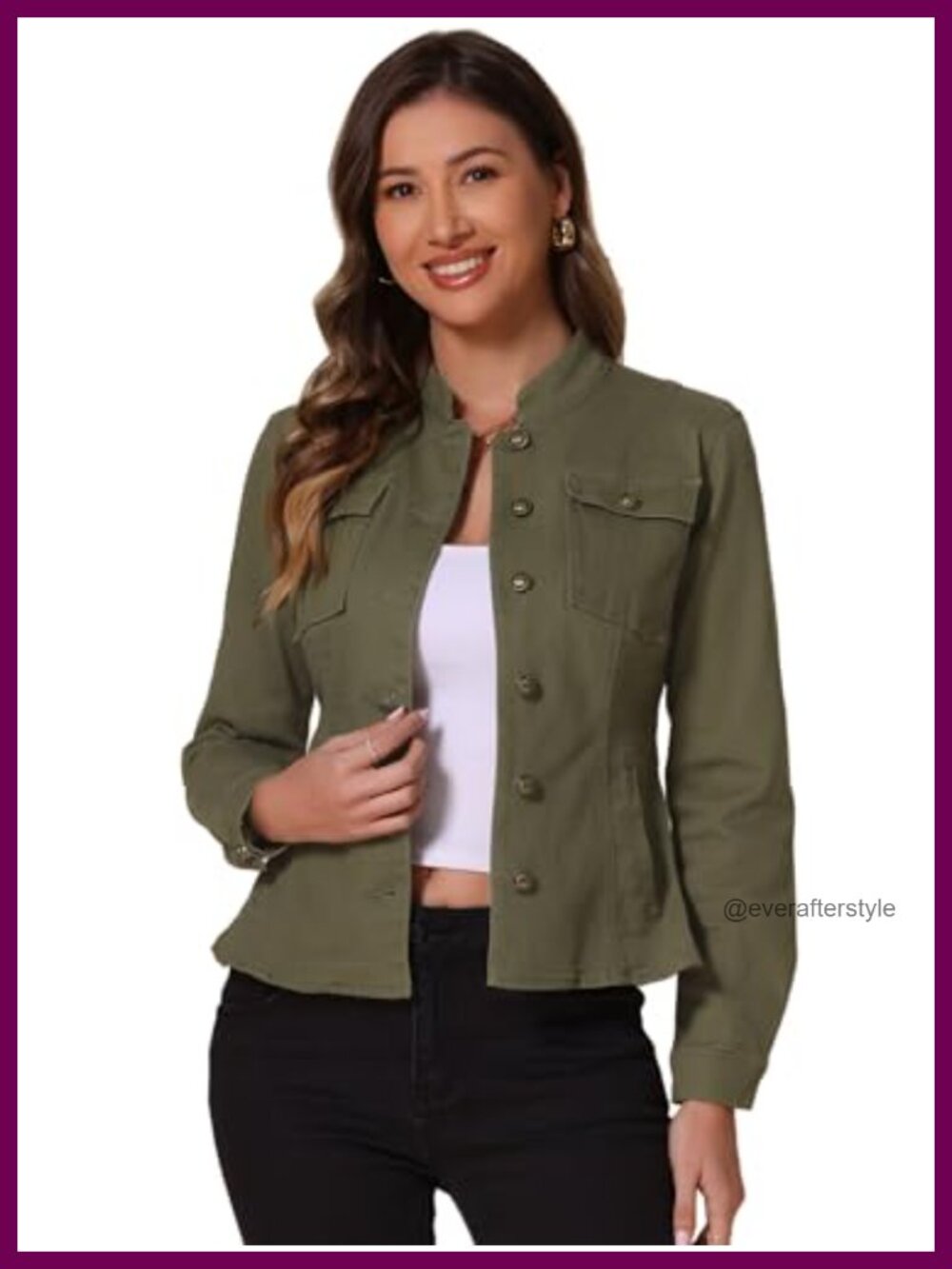 Womens Denim Jacket Long Sleeve Button Front Stand Collar Classic Jean Jacket
